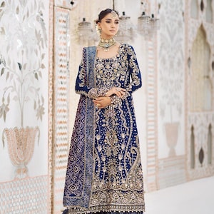 navy blue pakistani bridal dresses Dark Blue Sharara Kameez for Pakistani Wedding Dresses