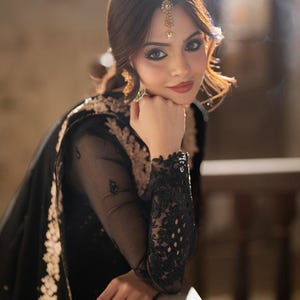 Pakistani Designer Black Chiffon Suit | Net frock Stitched Pakistani Formal Eid Suit| Embroidered with Dupatta for Weddings