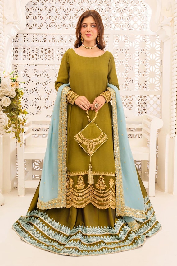olive green pakistani dress Buy Embroidered Art Silk Pakistani Suit in Dark Olive Green Online :  KBNQ5392