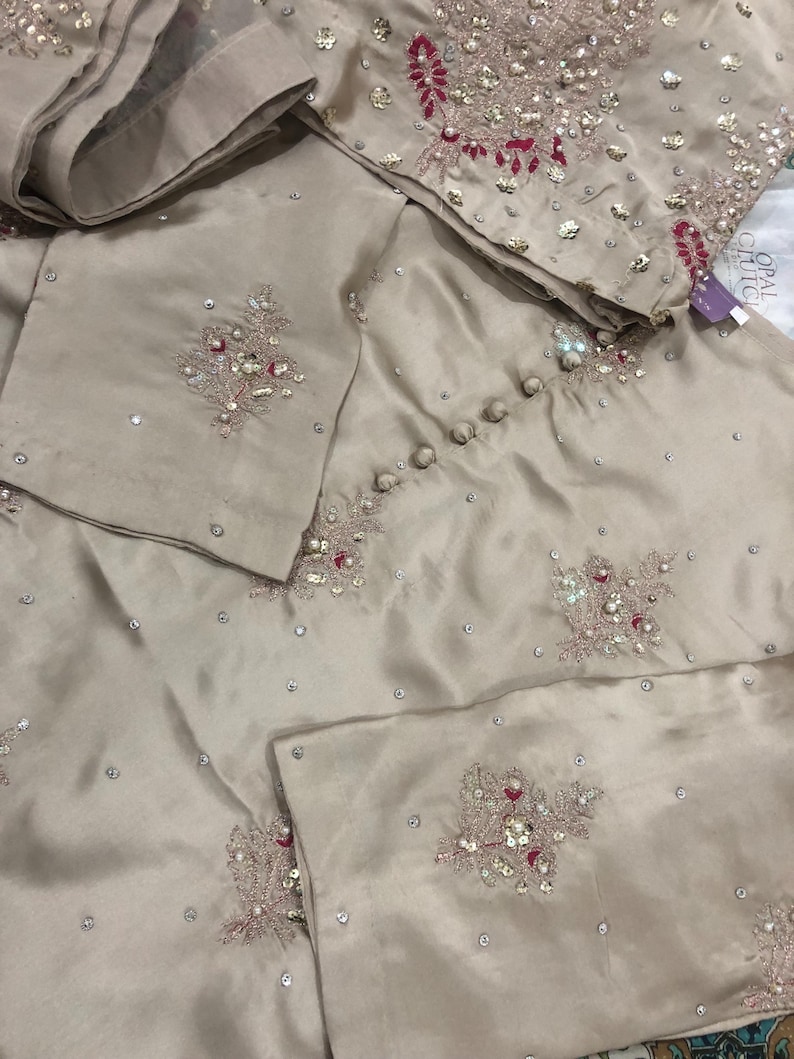 Kamdani Silk Punjabi Suit: Beige Short Kurta, Trouser & Dupatta image 13