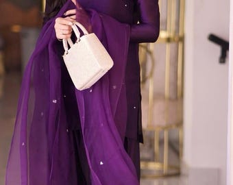 Purple Silk Farshi Shalwar Kameez: Sequins Indian Wedding Outfit