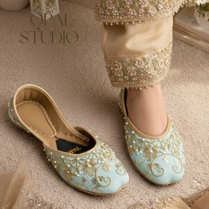 Handmade Sea Blue Silk Jutti: Embroidered Punjabi Mojari Flats image 4