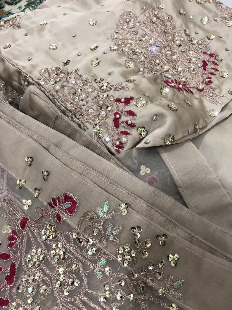 Kamdani Silk Punjabi Suit: Beige Short Kurta, Trouser & Dupatta image 14