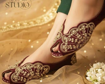 Khussa Jutti de novia hecha a mano / Zapatos planos con adornos de espejo y terciopelo, jutti marrón, negro y marfil para mujer