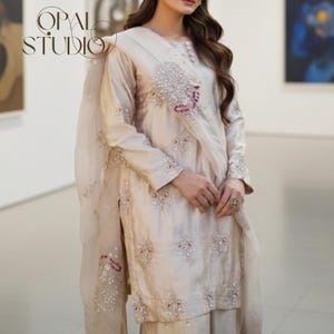Kamdani Silk Punjabi Suit: Beige Short Kurta, Trouser & Dupatta image 4