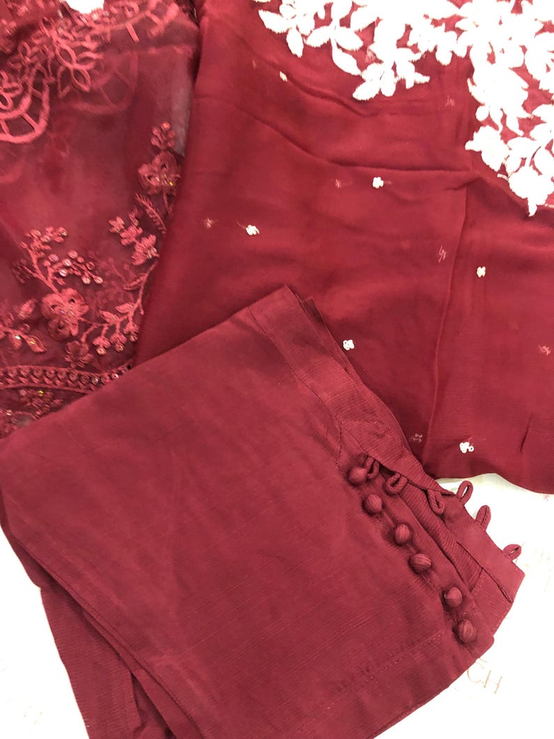 Traje de novia pakistaní de gasa roja: vestido de red bordada imagen 10