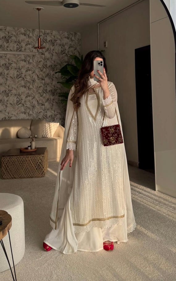 sequin pakistani dress Hand Embellished White Sequins Pakistani Dress, 3pc Stitched