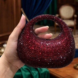 Maroon reinstone  Clutch | Round Evening Bag | Beaded Tassel 5” x 5.5”