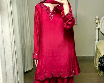 Royal Scarlet Farshi shalwar/ Juego de 3 piezas / Traje paquistaní Dupatta de seda / Farshi Shalwar 3 piezas, nikkah, anarkha, shadi wear, eid wear