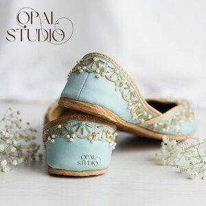 Handmade Sea Blue Silk Jutti: Embroidered Punjabi Mojari Flats image 3
