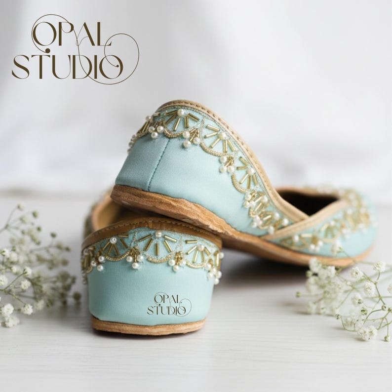 Handmade Sea Blue Silk Jutti: Embroidered Punjabi Mojari Flats image 3