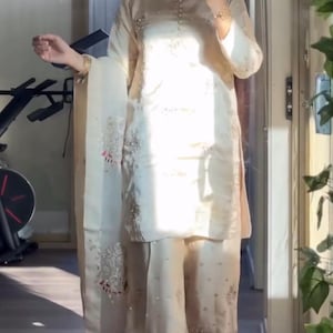 Kamdani Silk Punjabi Suit: Beige Short Kurta, Trouser & Dupatta image 17