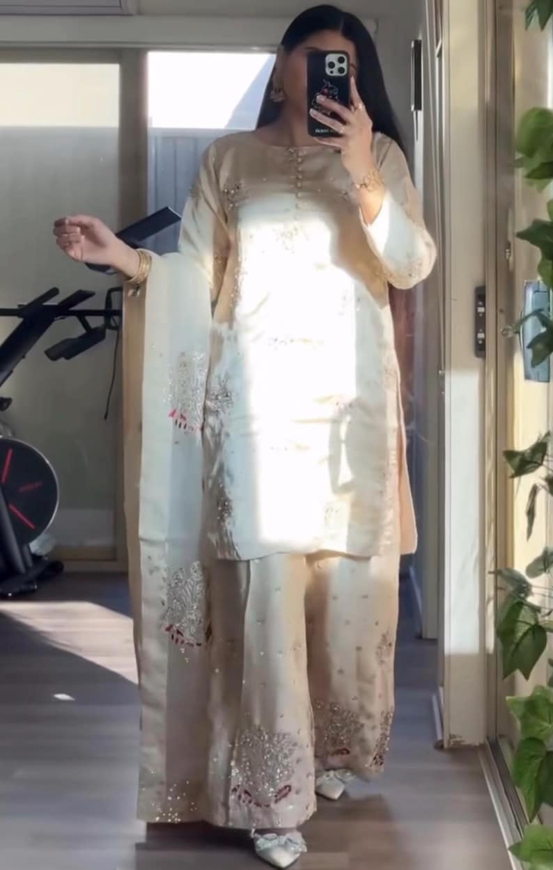 Kamdani Silk Punjabi Suit: Beige Short Kurta, Trouser & Dupatta image 17