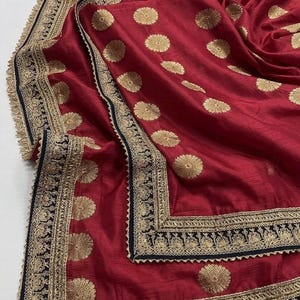 Red Banarsi Silk Dupatta: Gota Work Bridal Shawl, Pakistani Indian Handwork