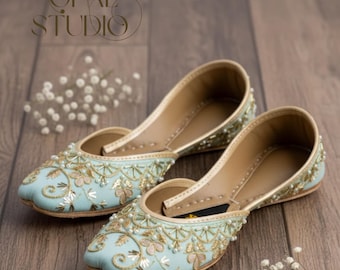 Handmade Sea Blue Silk Jutti: Embroidered Punjabi Mojari Flats
