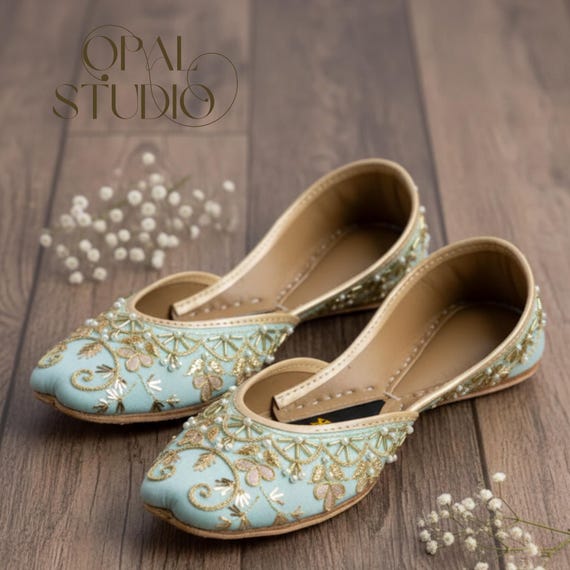 Handmade Sea Blue Silk Jutti: Embroidered Punjabi Mojari Flats