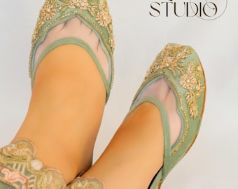 Handmade Velvet Jutti Flats: Mint Blue Wedding Shoes