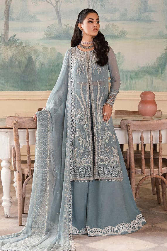 Embroidered Sky Blue Chiffon Pakistani Dress, Lace Sharara, Eid Outfit - Etsy Israel Embroidered Sky Blue Chiffon Pakistani Dress, Lace Sharara, Eid Outfit - Etsy Israel