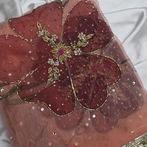 Hand-Painted Bridal Pink Tissue Dupatta: Nikkah, Engagement, Festive Wear,hand painted duppata,red bridal duppata,floral print organza