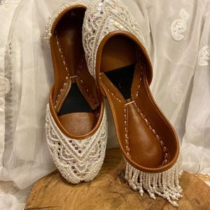 GOHAR-E-NAYAB-Handcrafted Indian White Wedding Shoes - Pearls bridal jutti,Khussa - Bridal Mojari Flat Shoes/white ballet flats