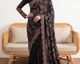Black Sequins Embroidered Saree: Indian Party Wear, Matching Blouse