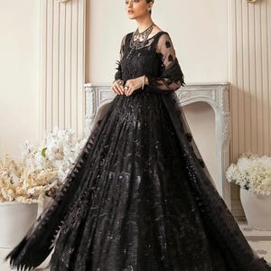 Black Gown Pakistani Wedding Dresses | Embroidery Net Maxi |Reception dress | Pakistani Indian wedding, shadi dress |Neck Pattern Suit