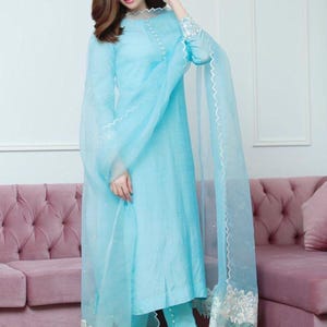 Handmade Silk Kurta Pant Set: Embroidered Organza Dupatta, Indian Designer Dress,indian raw silk blue dress,pakistani party wear dress