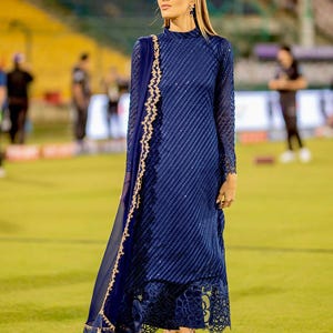 Aqua Chiffon Pakistani Dress: Sequin Embroidery, Floral Organza
