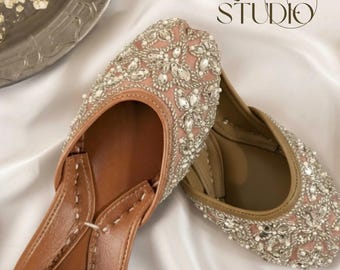Handmade Floral Embroidered Jutti – Taupe Silk Bridal Flats