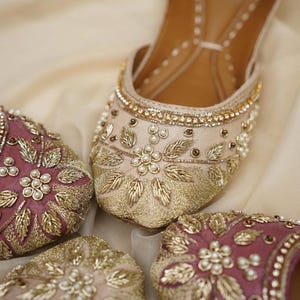 Handmade Floral Velvet Khussa Jutti – Gold & Pink, Indian Flats image 1