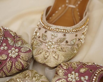 Handmade Floral Velvet Khussa Jutti – Gold & Pink, Indian Flats