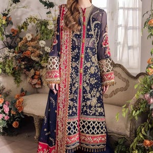 Blue Pakistani Bridal Guest Suit: Embroidered Chiffon 3pc Dress
