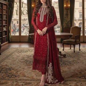 Traje de novia pakistaní de gasa roja: vestido de red bordada imagen 1