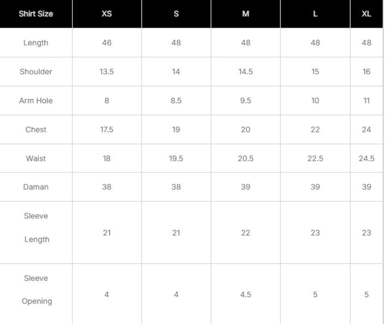 Puede incluir: Un cuadro blanco con texto negro que detalla las medidas de la talla de la camisa. Las medidas incluyen largo, hombro, sisa, pecho, cintura, daman, largo de manga y abertura de manga, con tallas que van de XS a XL. Medidas en cm.