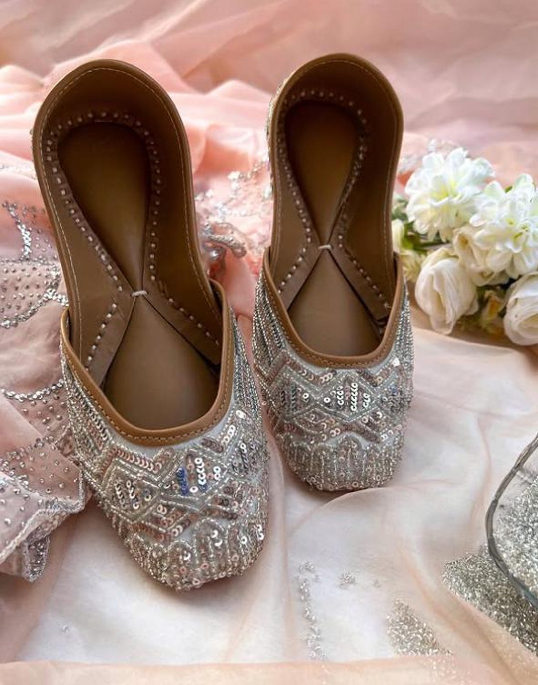Moonlight Sparkle Jutti, Silver Beaded Bridal Flats,silver/gray