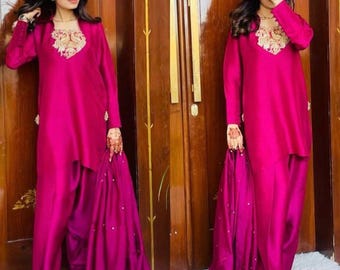 Embroidered Buttersilk Shalwar Qamiz: Magenta Indian Pakistani Outfit