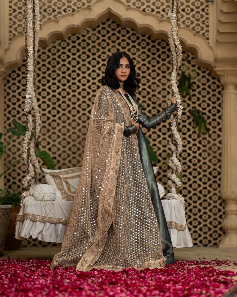 May include: A woman wearing a dark gray and silver embellished gown with a matching sheer shawl. The shawl is a light brown color and is covered in small, reflective sequins. The background features a decorative swing and a floor covered in red rose petals.