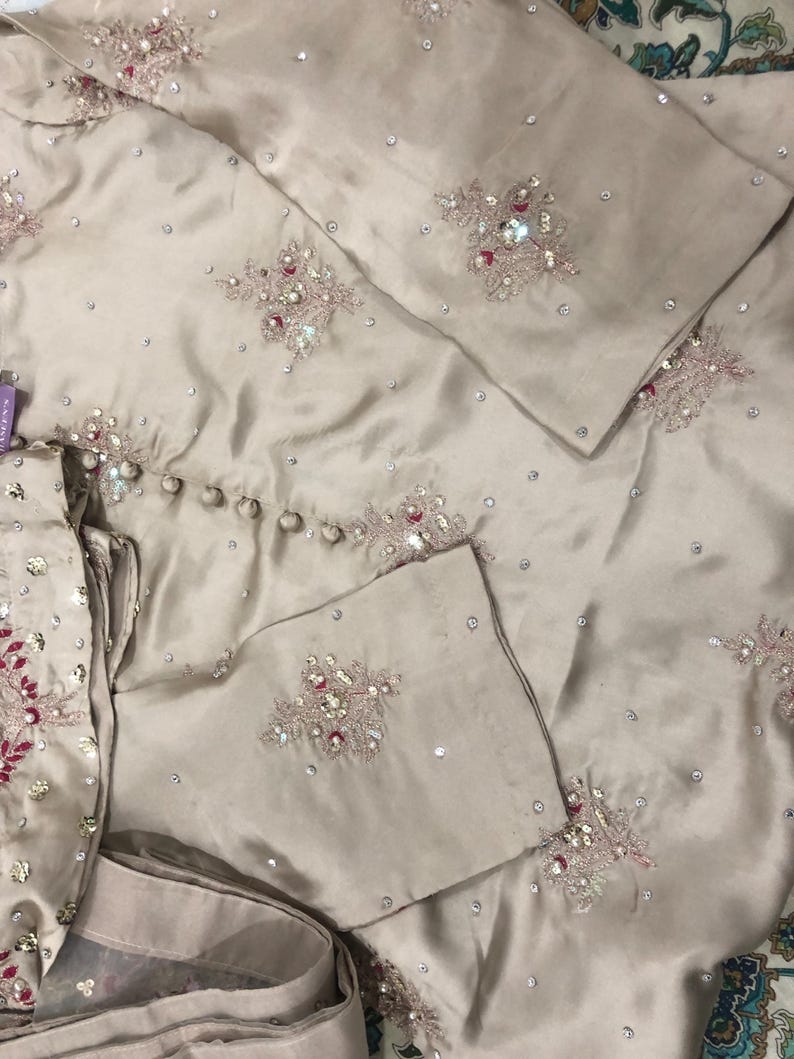 Kamdani Silk Punjabi Suit: Beige Short Kurta, Trouser & Dupatta image 5