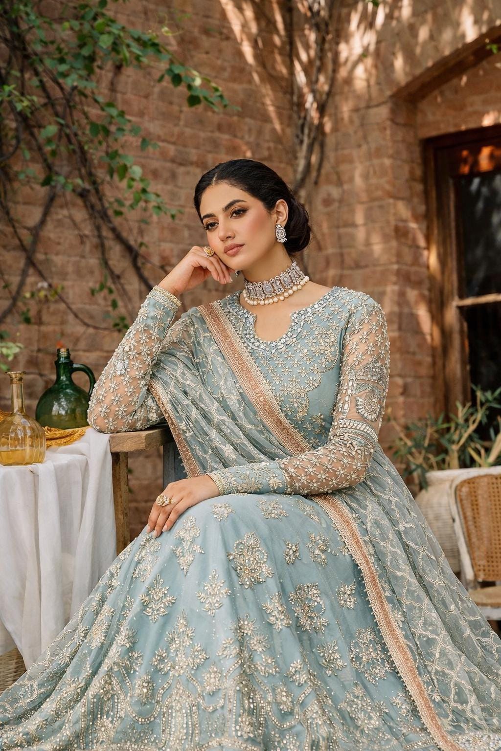 Ice Blue Embroidered Net Maxi Dress: Pakistani Wedding Outfit - Etsy