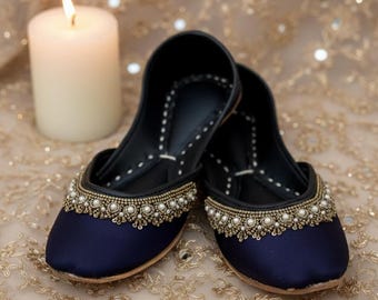 Handmade Sapphire Blue Silk Khussa Flats: Punjabi Mojari Shoes