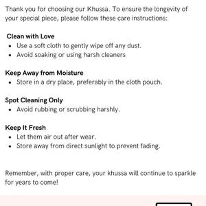 May include: White informational card with the text "Khussa Care Instructions" from Opal Clutch Studio. Instructions include cleaning, moisture, spot cleaning, and keeping fresh. A QR code and the Opal Clutch Studio logo are at the bottom.