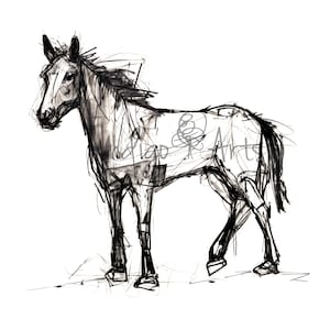 Pferd druckbare digitaler Download niedlichen Pferd JPG High Res Zeichnung von Pony kritzelte Stift abstrakte Pferd Clipart Bild Skizze des Tieres auf dem Bauernhof