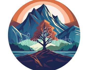 May include: A stylised illustration of a mountain range with a single tree in the foreground. The mountains are blue and purple, with a sunset sky behind them. The tree is brown and orange, with a lake in the foreground.