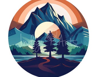 3 Trees in Mountains PNG Digital Download for Personal & Small Commercial Use 300 dpi High Res Digital Download of Retro Mountains Circle