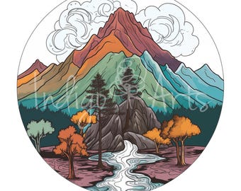 May include: A colourful illustration of a mountain range with a river flowing through it. The mountains are painted in shades of green, blue, orange, and red. The river is white and meandering. The background is a light blue sky with white clouds.