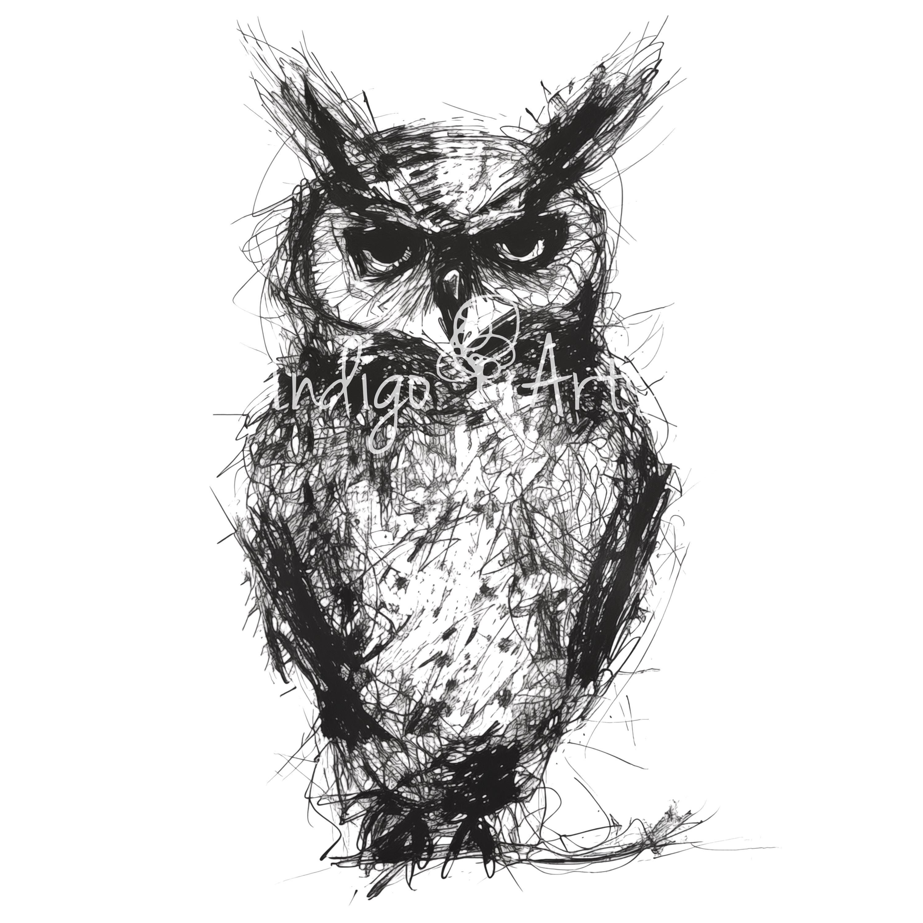 Great Horned Owl Digital Download Cute Owl JPG High Res Sketch Drawing of Owl Printable Scribbled Ab