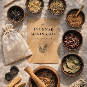 May include: A DIY incense making kit with various ingredients in small wooden bowls, including herbs, resins, and dried flowers. The kit includes a mortar and pestle, charcoal, palo santo sticks, and a sage bundle. A small broom and a linen bag are also included.