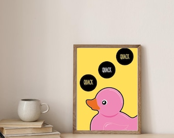 Pink Rubber Duck Print – Minimalist Kids Bathroom Wall Art (Digital Download)