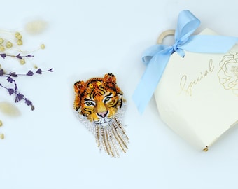 Beaded Golden Tiger Brooch: Embroidered Animal Statement Pin