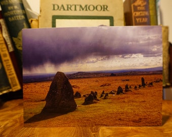 Merrivale stone row in storm,   Dartmoor, Devon Greetings Card.